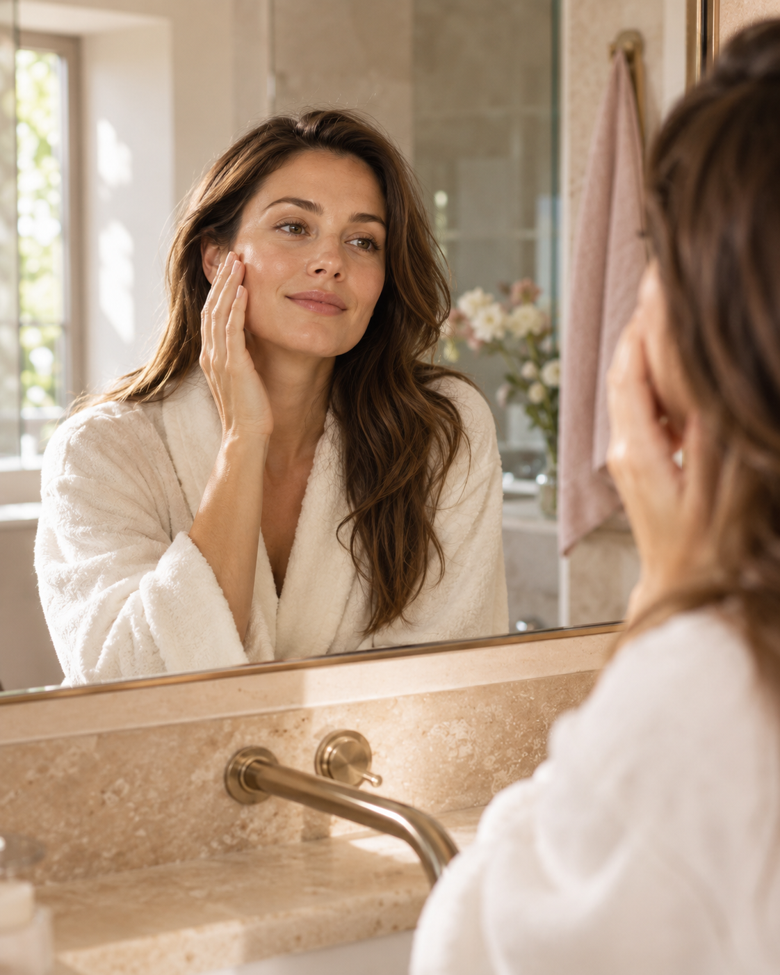 Un momento di skincare davanti allo specchio, in un ambiente luminoso e rilassante